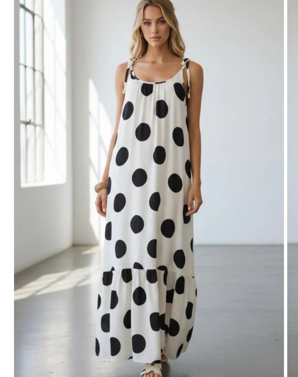 Oddi Polka White Black Dot Tassel Tie-Strap NWT Tiered Maxi Dress Large